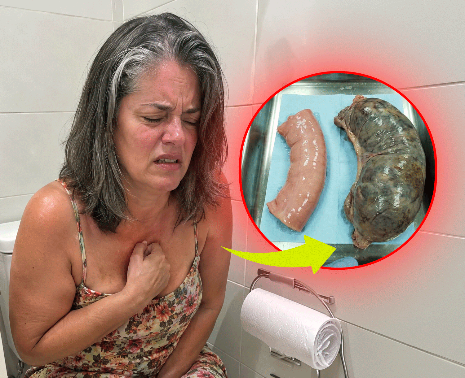 Mulher sentindo dor abdominal e comparação de um intestino saudável com um intestino comprometido